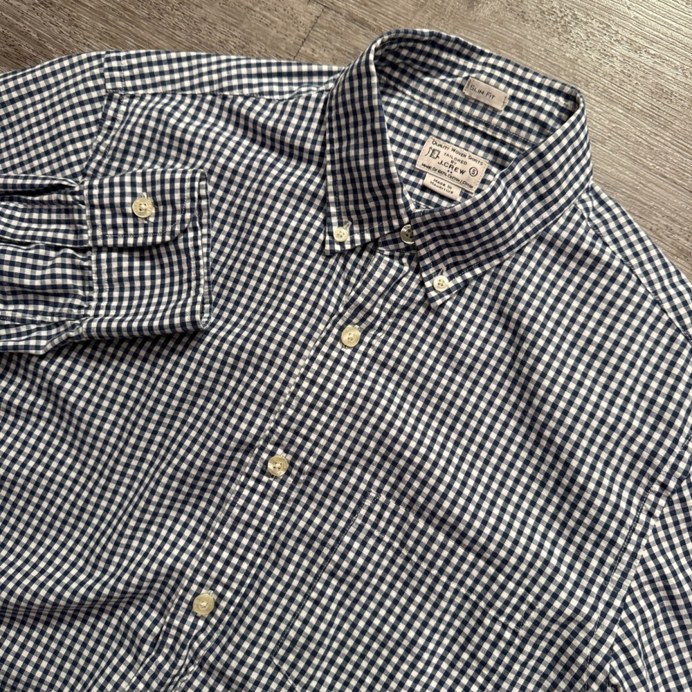 J Crew Shirt Mens S Blue Gingham Check Cotton Slim Button Down Preppy Business